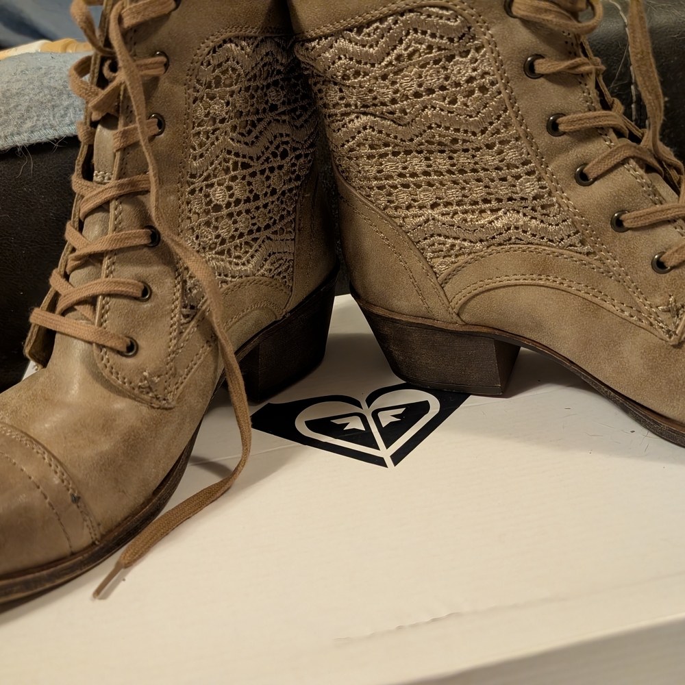 Roxy Brown Lace-Up Boots with Crochet Detail